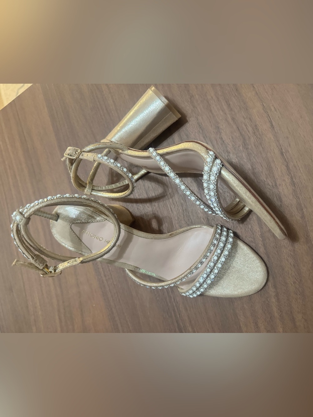 ANTONIO MELANI Gold Crystal-Strap Block Heel Sandals